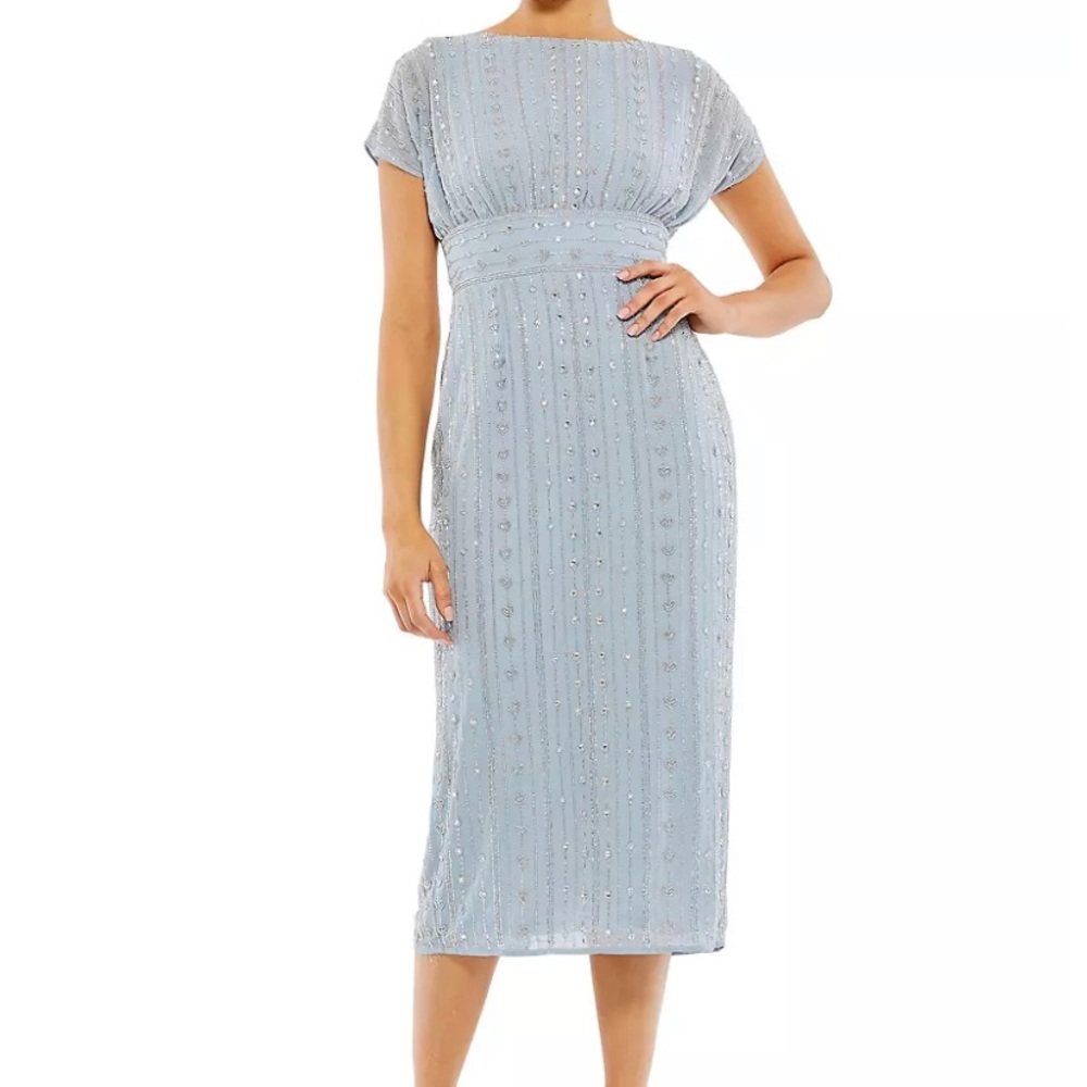 Mac Duggal Beaded Mesh Column Midi-Dress